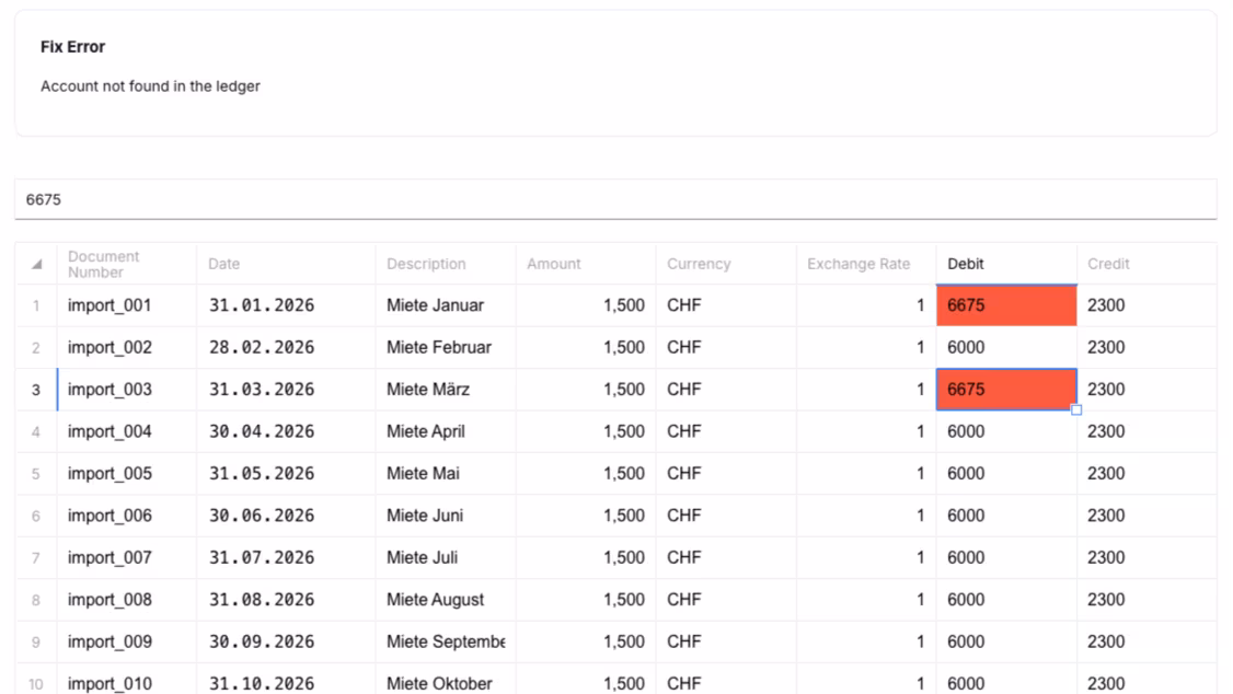 Validation view with highlighted errors in Importly