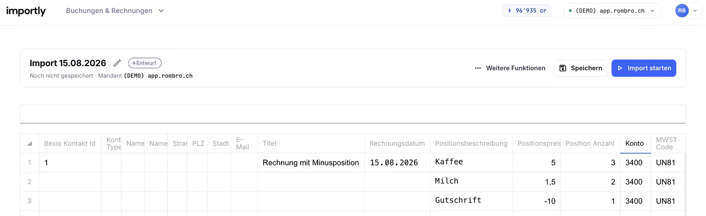 Rechnung mit Minusposition in bexio importieren – Importly-Tabelle mit drei Positionen