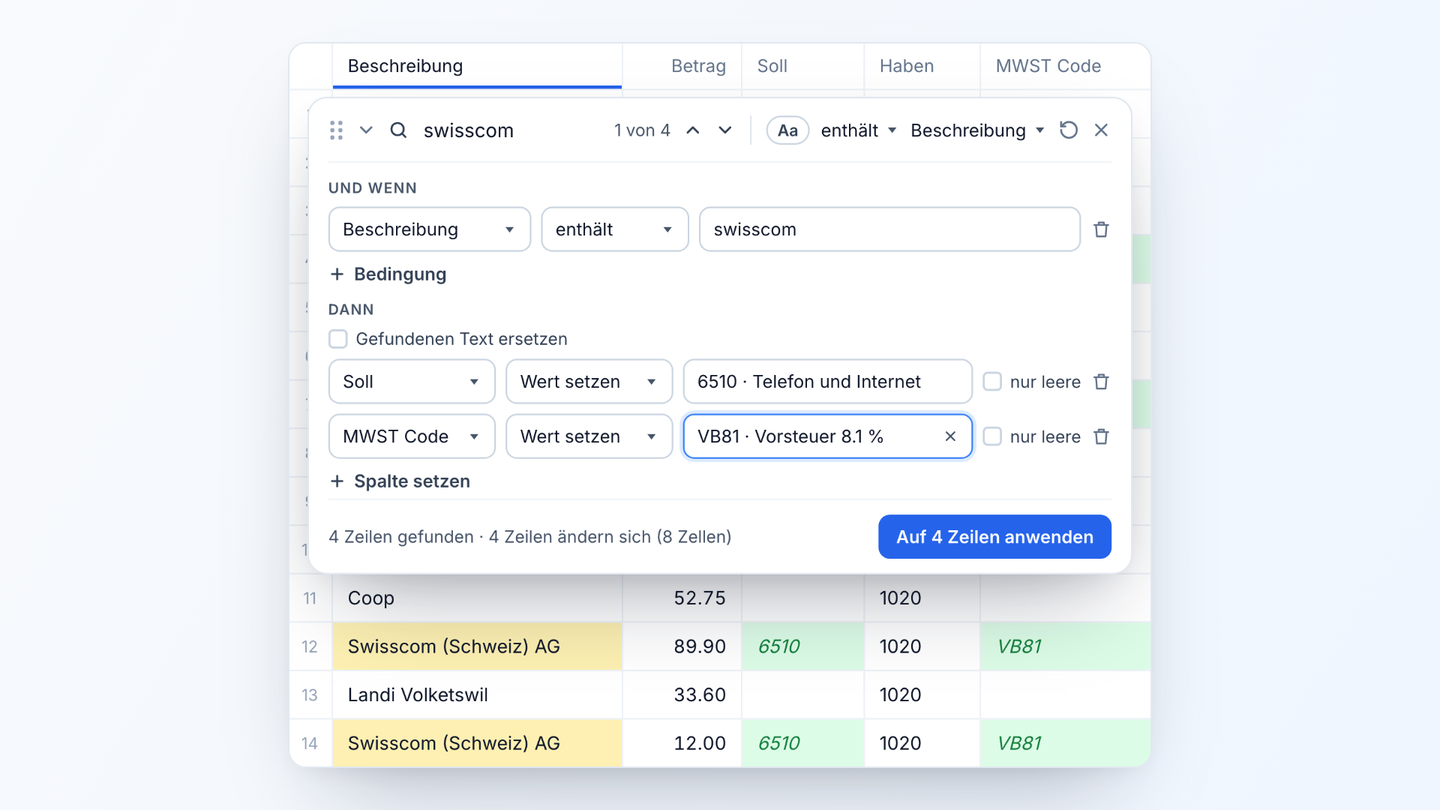Suchleiste über der Buchungstabelle mit «swisscom»: Unter «Und wenn» steht «Beschreibung enthält swisscom», unter «Dann» setzt sie Soll 6510 und den MWST-Code VB81; die Vorschau zeigt die neuen Werte grün in der Tabelle