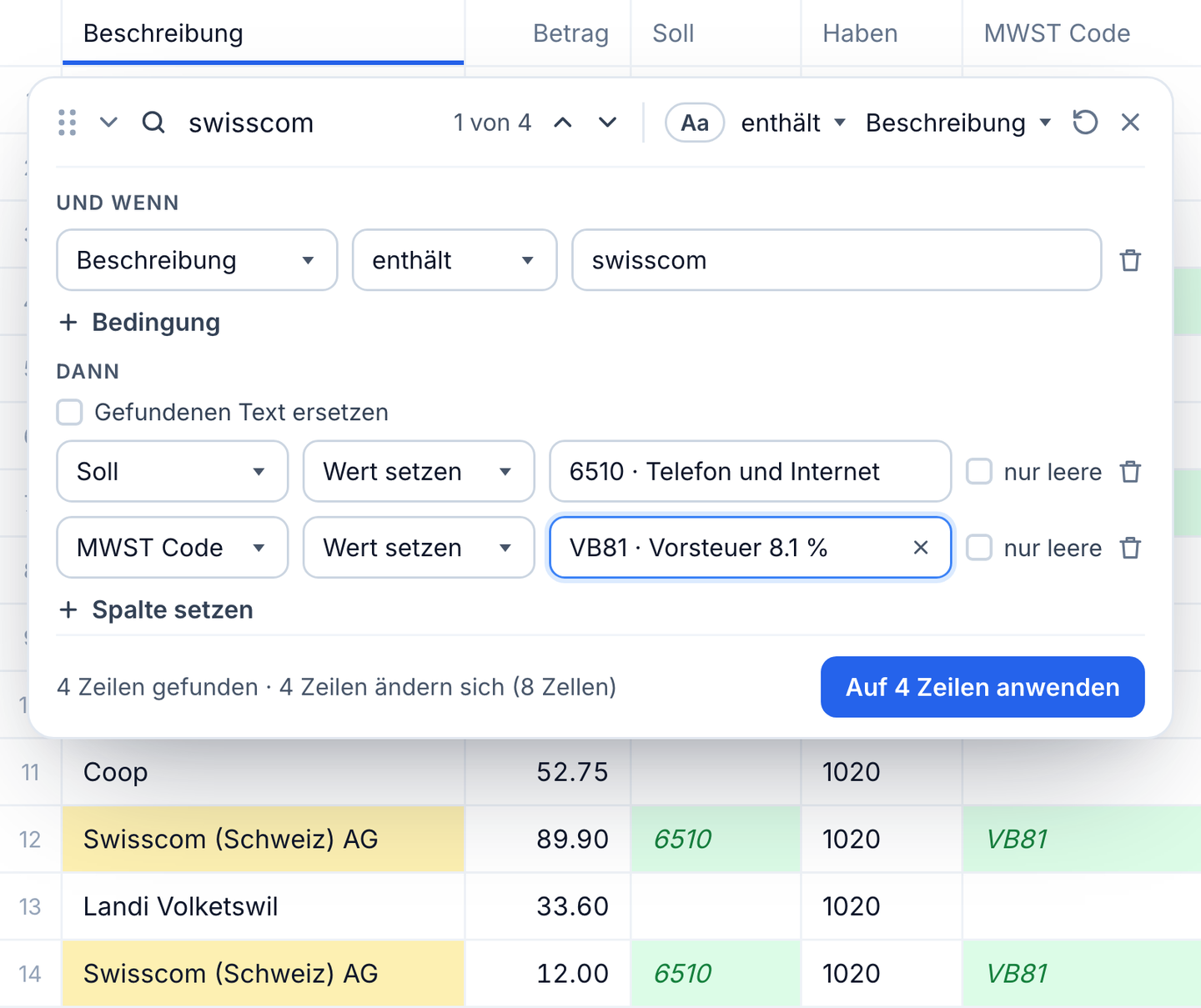 Suchen und Ersetzen in Importly: Bedingung «Beschreibung enthält swisscom», Soll 6510 und MWST Code VB81 mit Vorschau in der Buchungstabelle