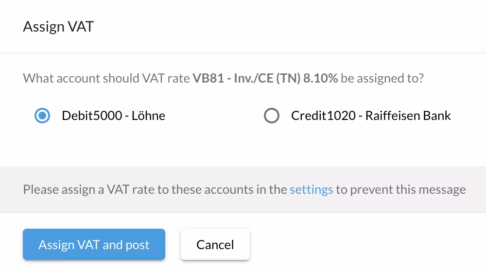 Assign VAT dialog in bexio