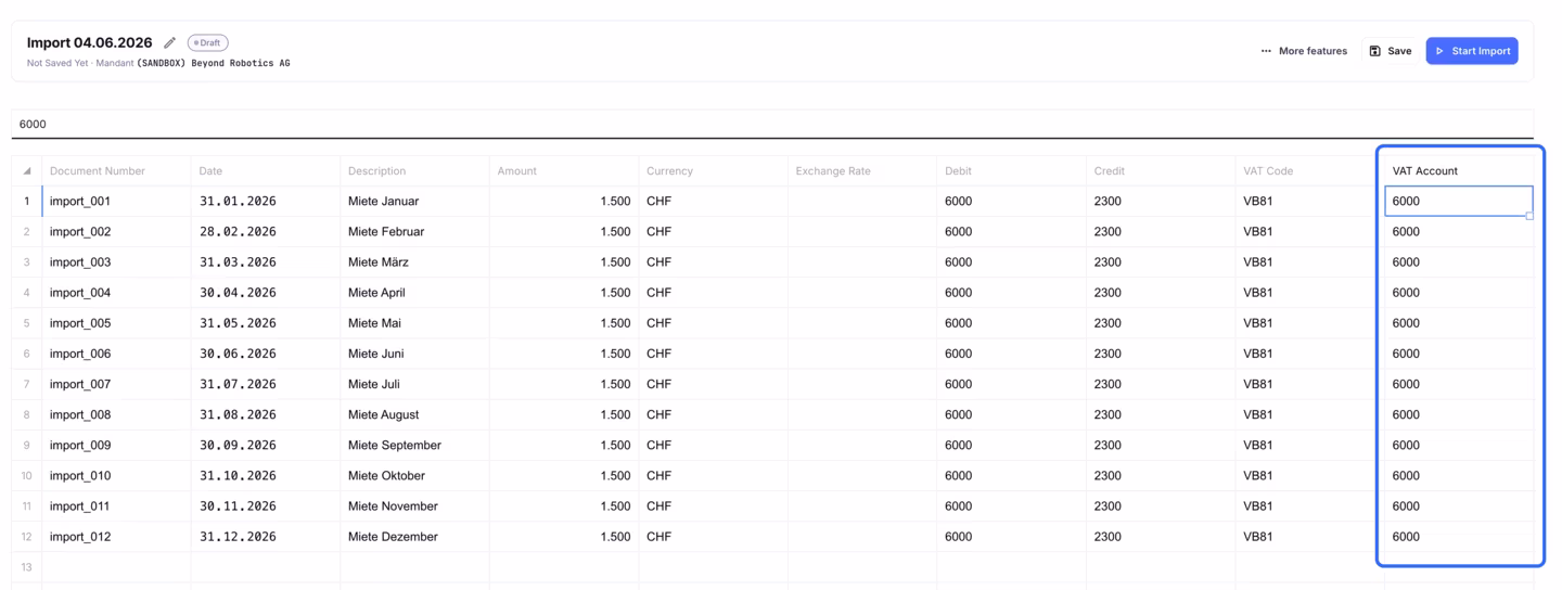 VAT account column during the import in Importly
