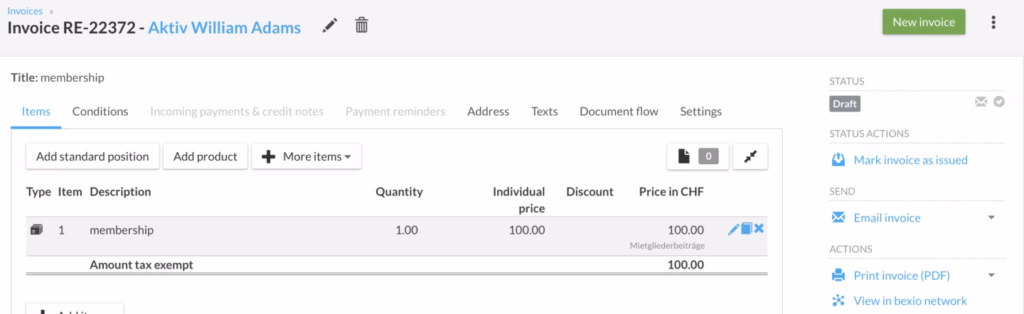 Open invoice template in bexio