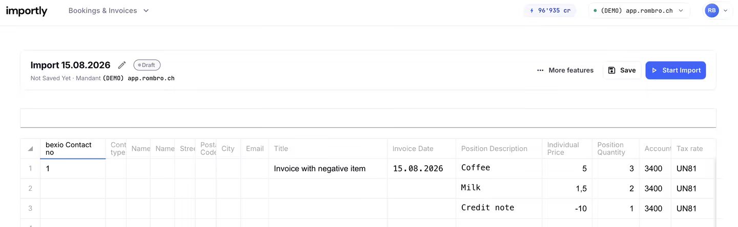 Import an invoice with a negative line item into bexio – Importly table with three line items