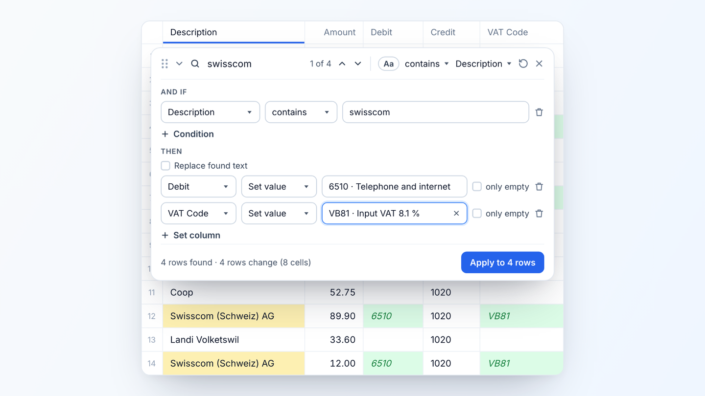 Search bar above the entries table with "swisscom": under "And if" the condition "Description contains swisscom", under "Then" debit 6510 and VAT code VB81; the preview shows the new values in green in the table