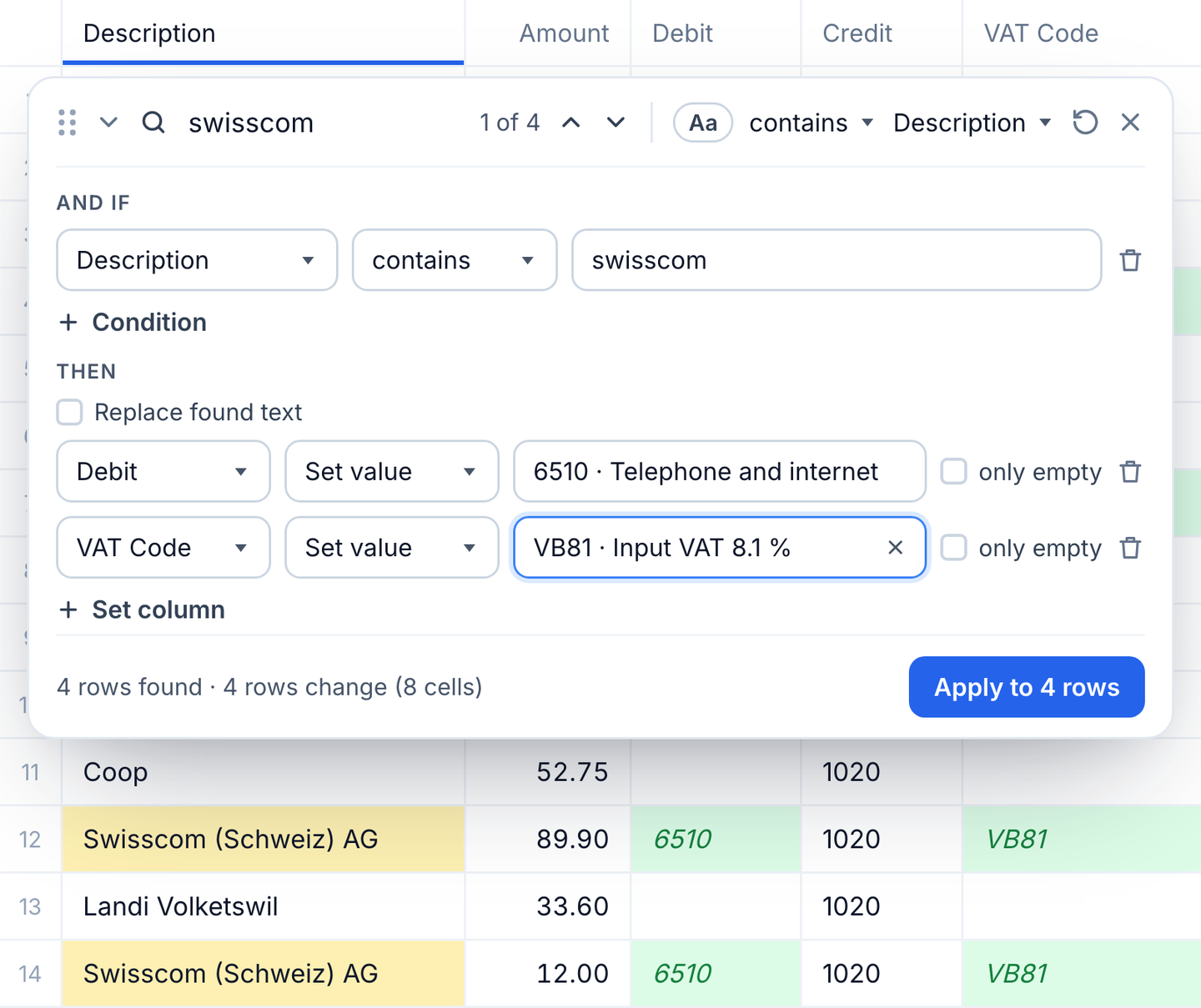 Search and replace in Importly: condition “Description contains swisscom”, debit 6510 and VAT code VB81 with a preview in the entries table