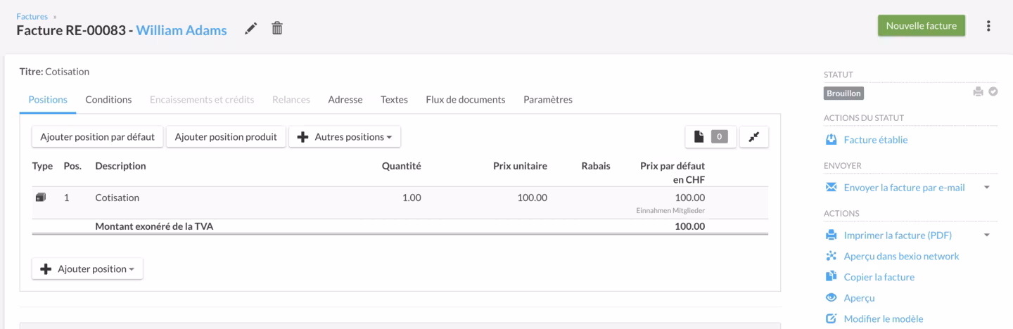 Détails des positions du modèle de facture dans bexio