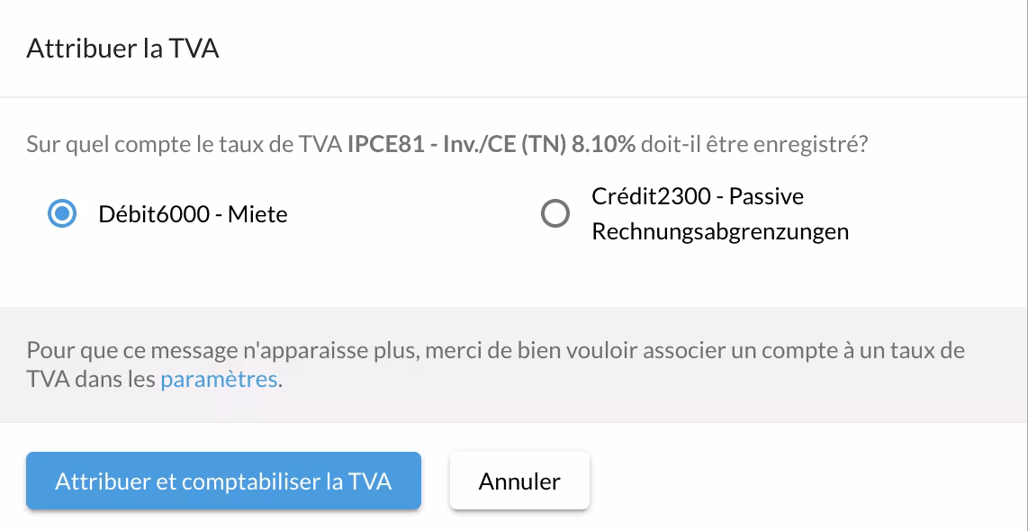 Fenêtre Attribuer la TVA dans bexio
