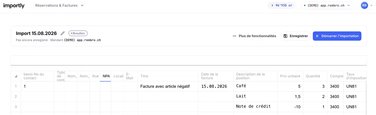 Importer une facture avec une position négative dans bexio – tableau Importly avec trois positions