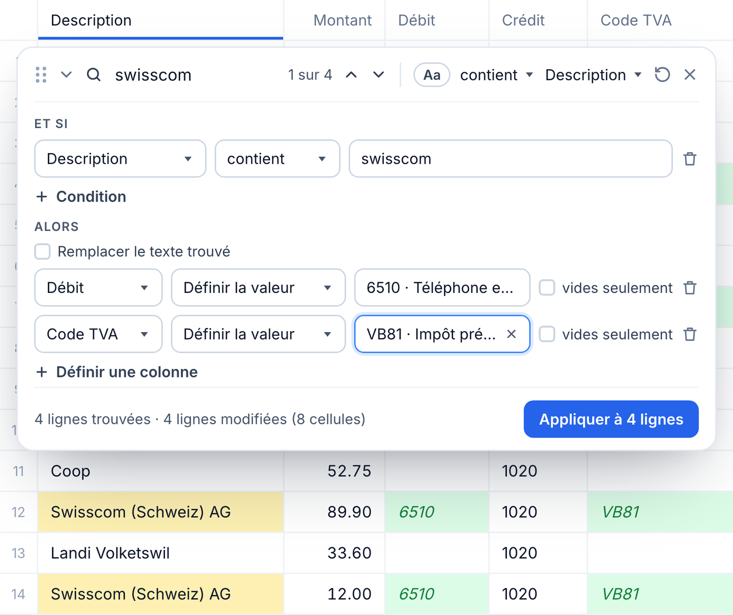 Rechercher et remplacer dans Importly : condition « Description contient swisscom », débit 6510 et code TVA VB81 avec aperçu dans le tableau des écritures