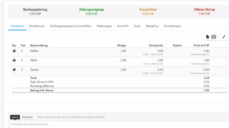 Beispiel einer Rechnung mit mehreren Positionen beim Import nach bexio mit Importly