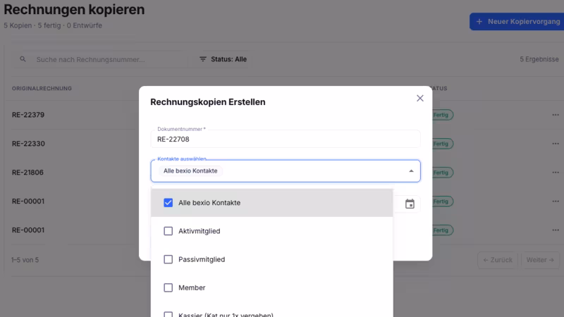 Rechnungslauf nach Kontakten oder Kontaktkategorien im Modul Rechnungen kopieren in Importly definieren